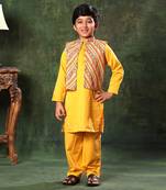 Linear Print Jacket With Mustard Kurta And Pyjama Co-Ord Set