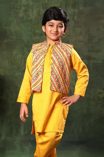 Linear Print Jacket With Mustard Kurta And Pyjama Co-Ord Set