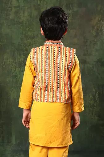Linear Print Jacket With Mustard Kurta And Pyjama Co-Ord Set