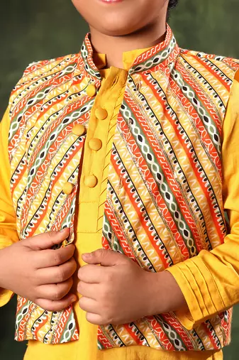 Linear Print Jacket With Mustard Kurta And Pyjama Co-Ord Set