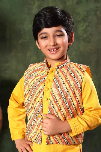 Linear Print Jacket With Mustard Kurta And Pyjama Co-Ord Set