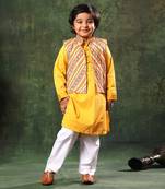 Linear Print Jacket With Mustard Kurta And White Pyjama