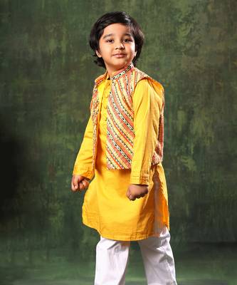 Linear Print Jacket With Mustard Kurta And White Pyjama 2