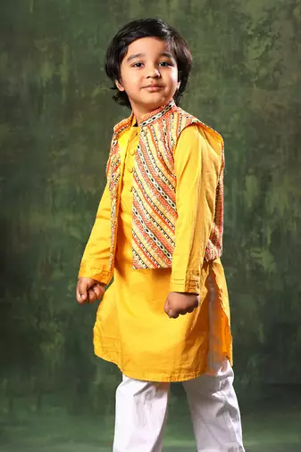 Linear Print Jacket With Mustard Kurta And White Pyjama