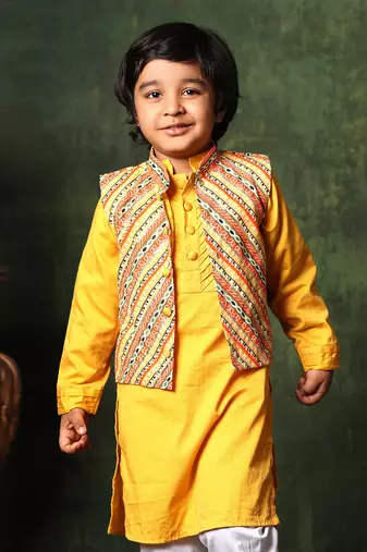 Linear Print Jacket With Mustard Kurta And White Pyjama