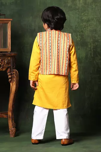 Linear Print Jacket With Mustard Kurta And White Pyjama