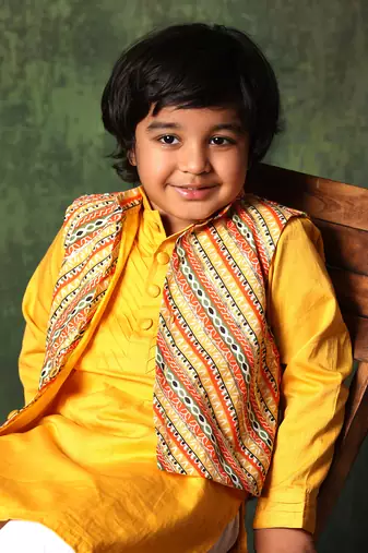 Linear Print Jacket With Mustard Kurta And White Pyjama