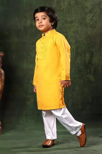 Mustard Kurta And White Pyjama Set