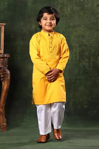 Mustard Kurta And White Pyjama Set