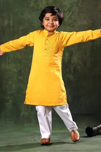 Mustard Kurta And White Pyjama Set