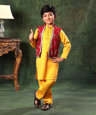 Red Printed Jacket With Mustard Kurta Set 1