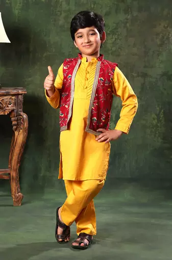 Red Printed Jacket With Mustard Kurta Set