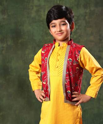 Red Printed Jacket With Mustard Kurta Set 2