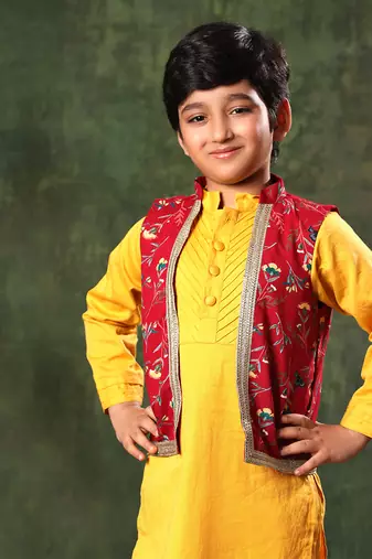 Red Printed Jacket With Mustard Kurta Set