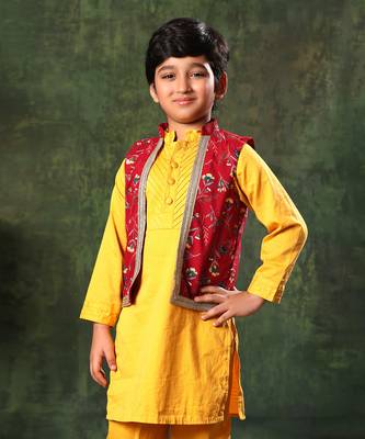Red Printed Jacket With Mustard Kurta Set 3