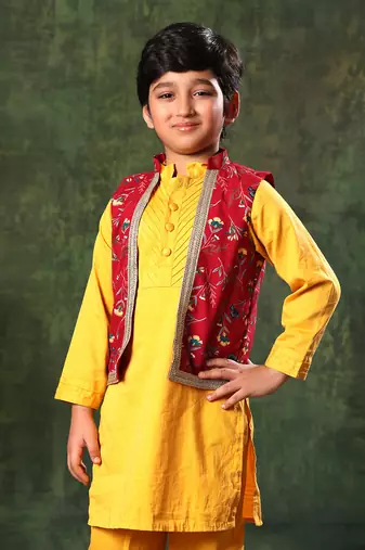 Red Printed Jacket With Mustard Kurta Set