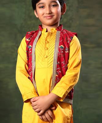 Red Printed Jacket With Mustard Kurta Set 4