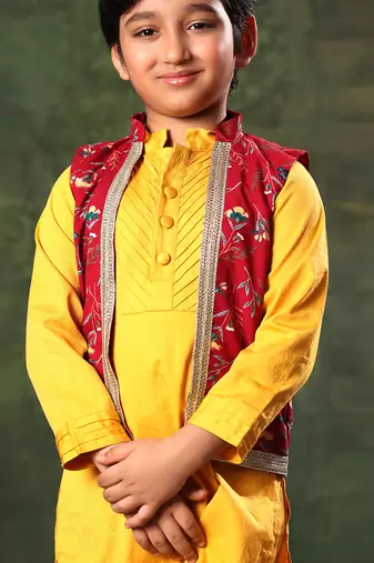 Red Printed Jacket With Mustard Kurta Set