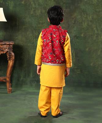 Red Printed Jacket With Mustard Kurta Set 5