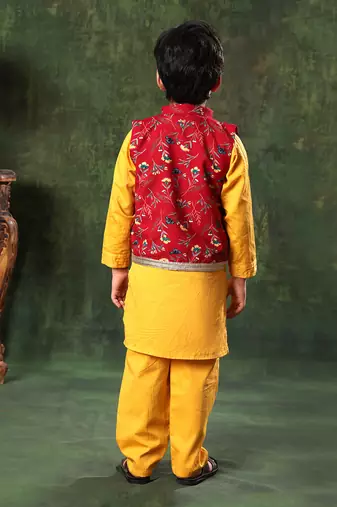 Red Printed Jacket With Mustard Kurta Set
