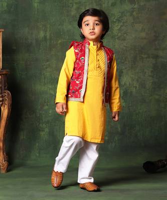 Red Floral Print Jacket With Mustard Kurta Set 1