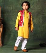 Red Floral Print Jacket With Mustard Kurta Set