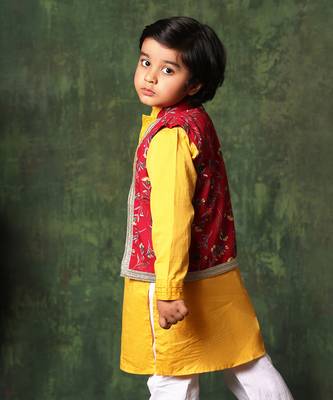 Red Floral Print Jacket With Mustard Kurta Set 2