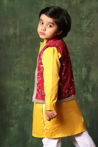 Red Floral Print Jacket With Mustard Kurta Set