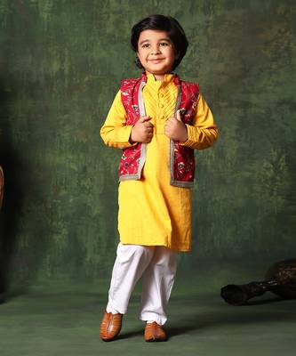Red Floral Print Jacket With Mustard Kurta Set 3