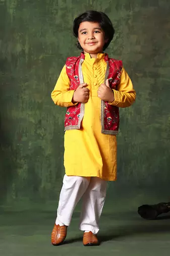 Red Floral Print Jacket With Mustard Kurta Set