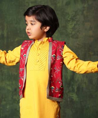 Red Floral Print Jacket With Mustard Kurta Set 4