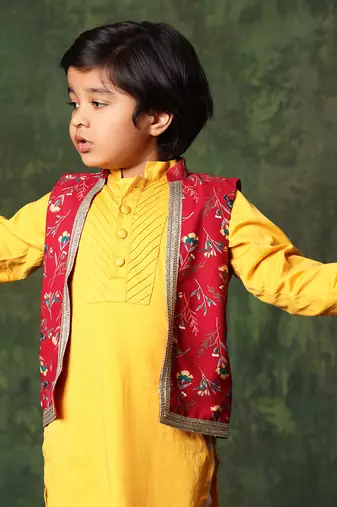 Red Floral Print Jacket With Mustard Kurta Set
