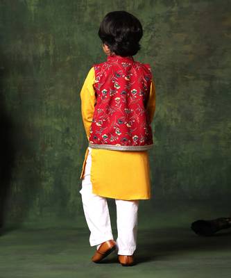 Red Floral Print Jacket With Mustard Kurta Set 5
