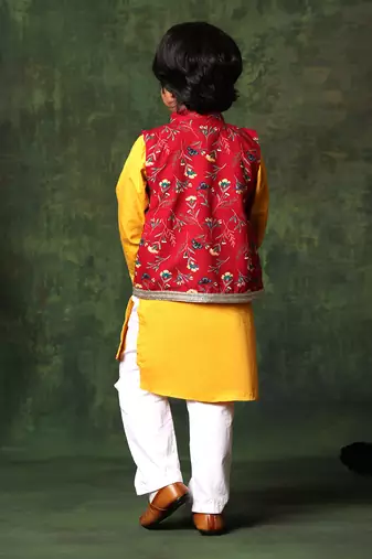 Red Floral Print Jacket With Mustard Kurta Set