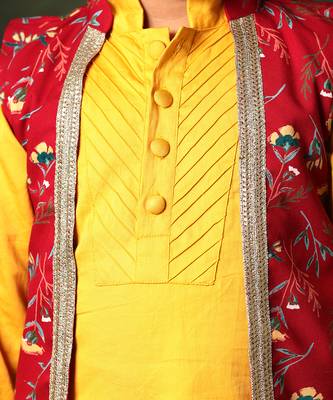 Red Floral Print Jacket With Mustard Kurta Set 6