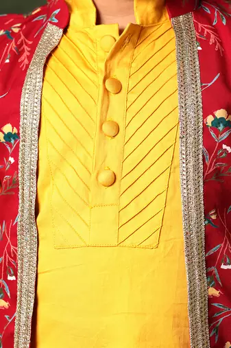 Red Floral Print Jacket With Mustard Kurta Set
