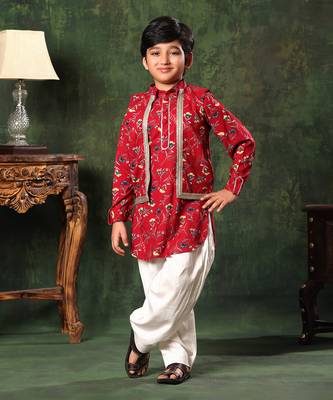 Floral Print Jacket On Red Printed Kurta And Salwar 1
