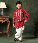 Floral Print Jacket On Red Printed Kurta And Salwar