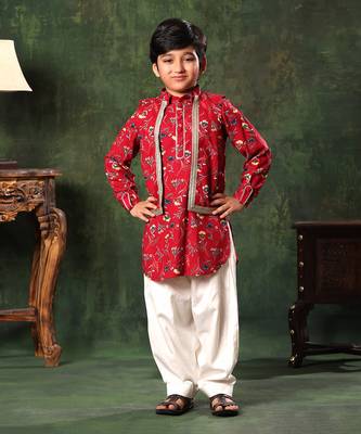 Floral Print Jacket On Red Printed Kurta And Salwar 2