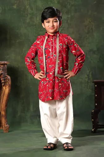 Floral Print Jacket On Red Printed Kurta And Salwar