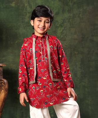Floral Print Jacket On Red Printed Kurta And Salwar 3