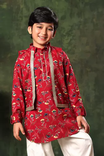 Floral Print Jacket On Red Printed Kurta And Salwar