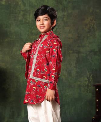 Floral Print Jacket On Red Printed Kurta And Salwar 4