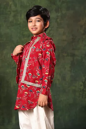 Floral Print Jacket On Red Printed Kurta And Salwar