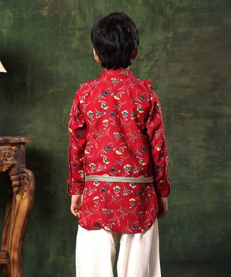 Floral Print Jacket On Red Printed Kurta And Salwar 5
