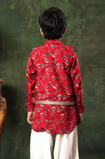 Floral Print Jacket On Red Printed Kurta And Salwar
