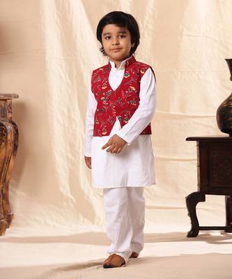 Red Floral Print Jacket With White Kurta Set 1