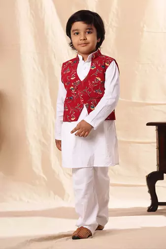 Red Floral Print Jacket With White Kurta Set