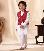 Red Floral Print Jacket With White Kurta Set