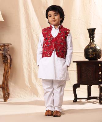 Red Floral Print Jacket With White Kurta Set 2
